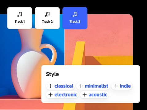 Abstract still-life scene with a ceramic vase and geometric shapes in bold colors, overlaid with a music interface showing multiple tracks and a style selection panel with genre options.