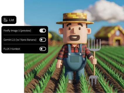 3D cartoon farmer standing in a field holding a pitchfork, shown alongside a model selection panel with toggles for Firefly Image 5, Gemini 2.5, and FLUX.1 Kontext.