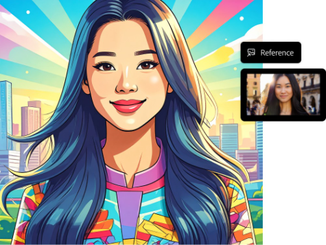 Stylized cartoon portrait of a woman with long hair against a cityscape background, shown alongside a reference image panel used to guide the illustration.