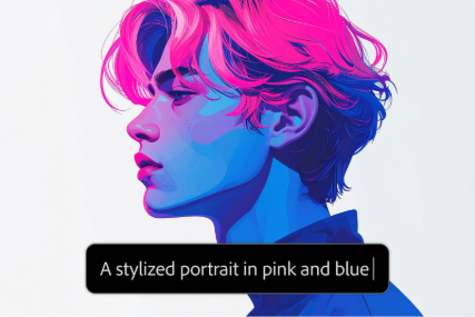 Stylized illustrated portrait in pink and blue tones shown in profile, with a prompt label reading, “A stylized portrait in pink and blue.”