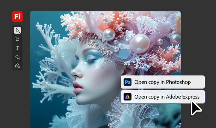 The Firefly UI showing a toolbar, an image of a woman in a coral and pearl headdress, and callouts that say "Open copy in Photoshop" and "Open copy in Adobe Express."