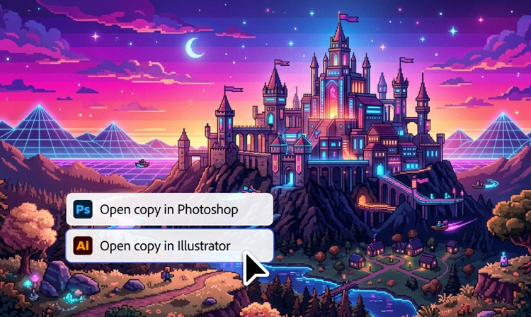 Fantasy castle on a hilltop with waterfalls and a vibrant synthwave sunset landscape. Overlays say "Open copy in Photoshop" and "Open copy in Illustrator."