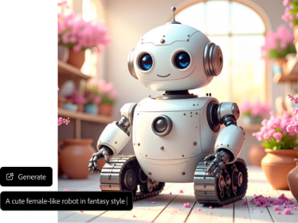 Cartoon robot standing indoors with flowers, with a Generate button and a prompt label reading “A cute female-like robot in fantasy style.”