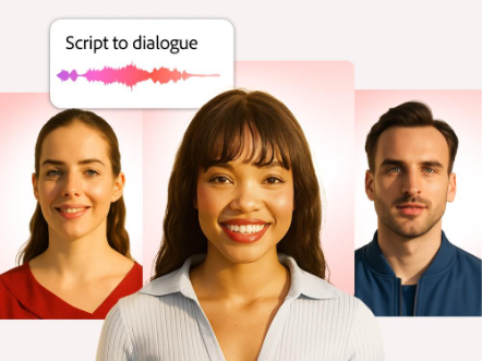 Multiple AI-generated avatars displayed side by side with a script-to-dialogue audio waveform.