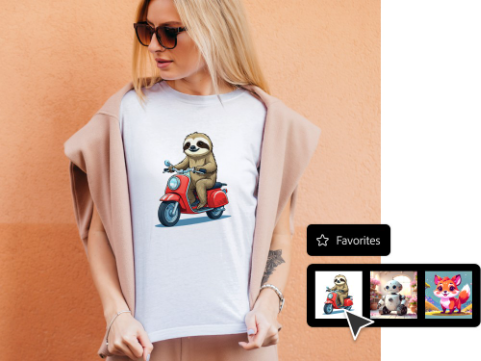 Person wearing a T-shirt with a cartoon sloth riding a scooter, shown with a Favorites panel displaying saved generated images.