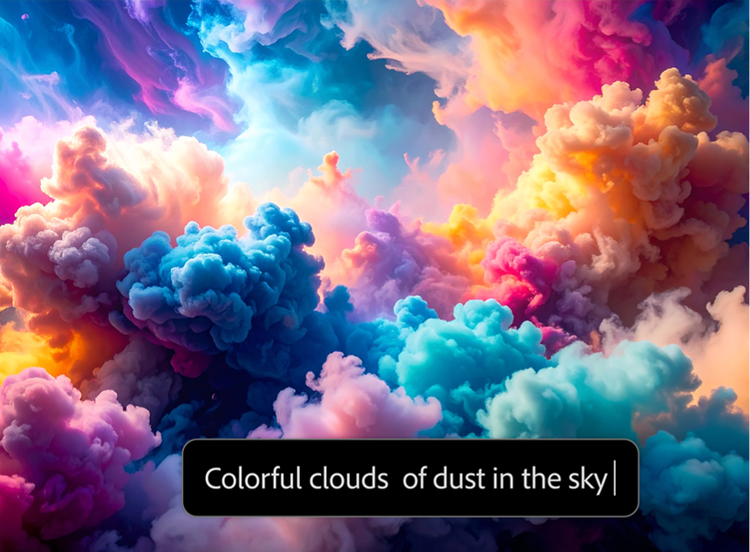 https://firefly.adobe.com/community | AI generated picture showing colorful clouds of dust in vibrant sky with text prompt in AI image generator