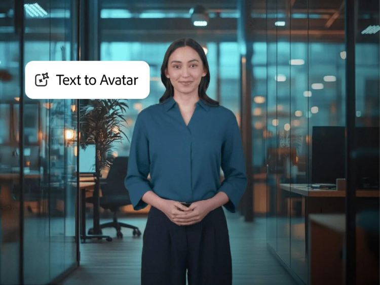 AI-generated avatar standing in an office setting with a “Text to Avatar” interface label.
