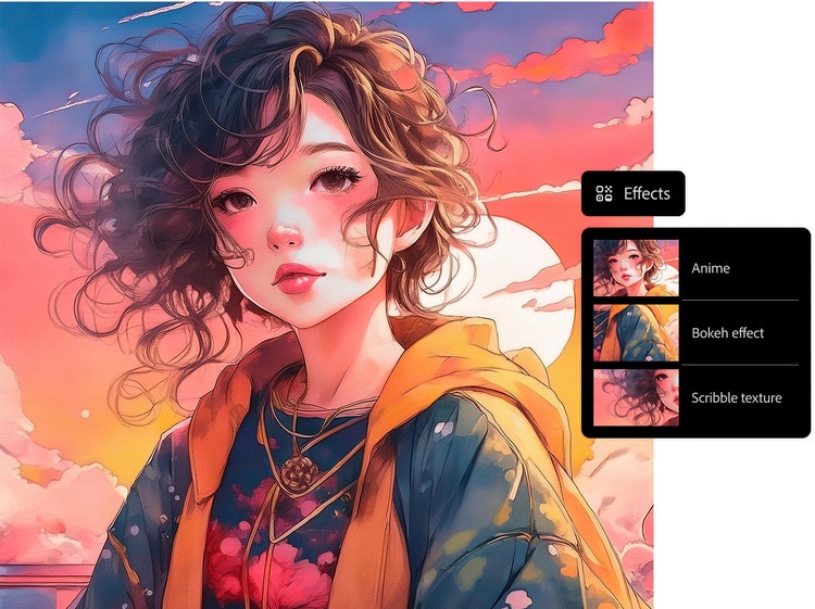 AI generated anime image of girl with curly hair and interface with style options in AI anime generator