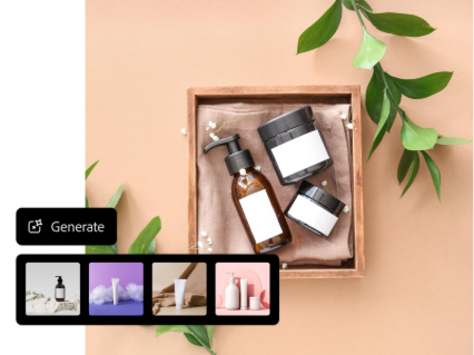 AI generated image of beauty and wellness products with overlay showing 4 style variations in text to image tool