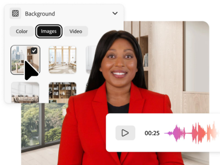 AI-generated presenter with a customizable background interface showing color, image, and video options, alongside an audio waveform player.