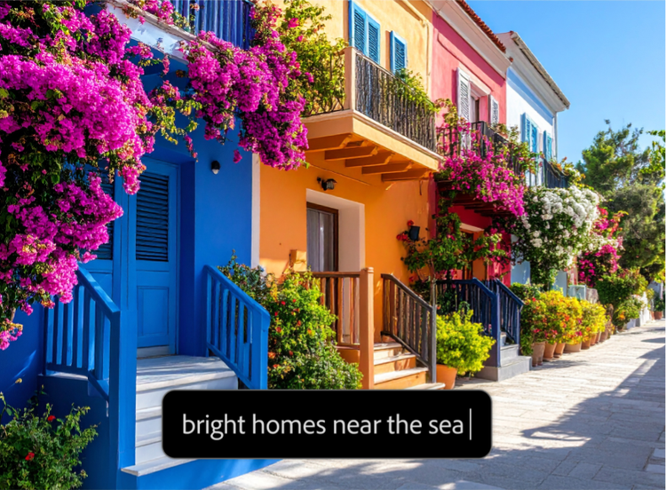 https://firefly.adobe.com/community | AI generated photorealistic image with colorful row of homes and text prompt overlay in text to image tool