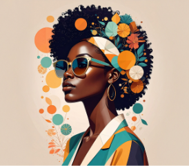 Artistic portrait featuring a person in profile with layered geometric and floral design elements.