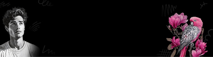 On the left, a detailed black-and-white illustration of a man with short hair wearing a t-shirt. On the right, a line drawing of a bird sitting on a flowering branch colored in various shades of pink.