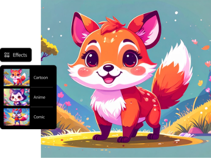 Cartoon fox with large eyes in a pastel outdoor scene, shown alongside an Effects panel with Cartoon, Anime, and Comic style options.