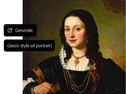 AI generated picture of classic style oil portrait of woman with text prompt overlay in AI image generator