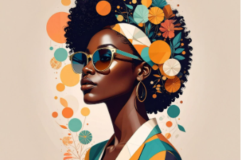 Artistic portrait featuring a person in profile with layered geometric and floral design elements.