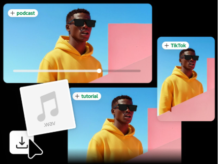 Person in a yellow hoodie against a blue and pink background shown in multiple video formats labeled, "podcast," "tutorial," and "TikTok," overlaid with a WAV file icon and download control.