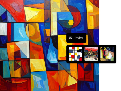 Four popular art style variations from geometric abstract to impressionism with AI text to image style overlay