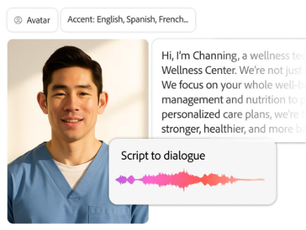 Digital avatar of a healthcare professional alongside a script-to-dialogue interface with an audio waveform.