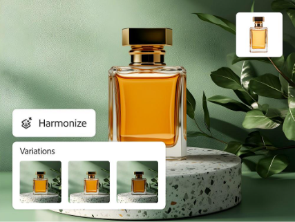 A composite product photo of a perfume bottle against a green background and several variations with different lighting generated using Harmonize in Photoshop.