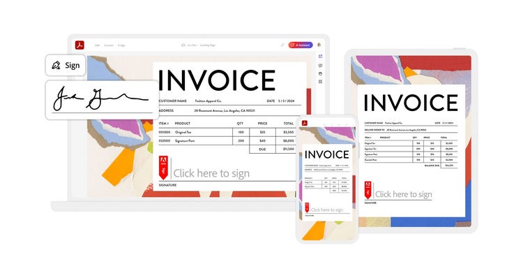 An example of an invoice document on a laptop. At the bottom of the invoice is a space to sign electronically using Adobe Acrobat Sign., Picture