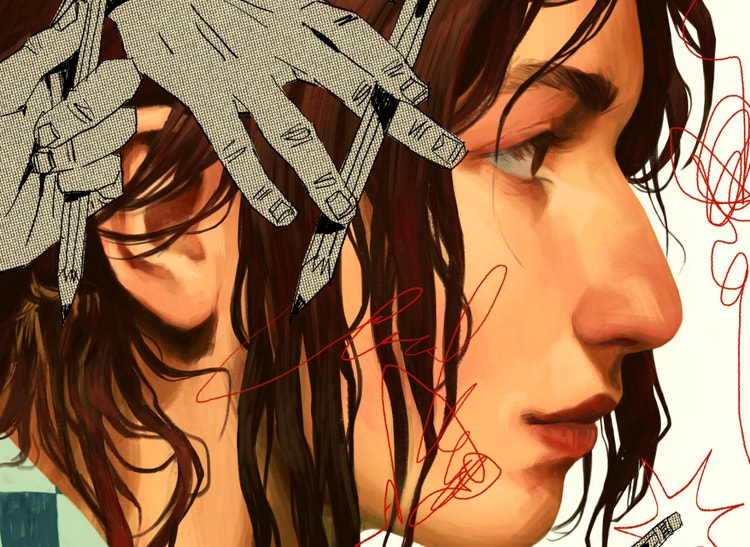 ภาพร่างของมือสองข้างกำลังวาดภาพใบหน้าคน