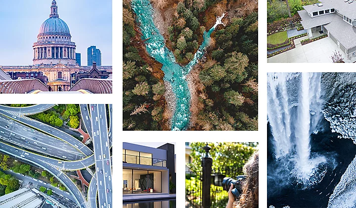 ภาพ Collage รวมประเภทของภาพภูมิทัศน์เมืองและโครงสร้างแบบต่างๆ