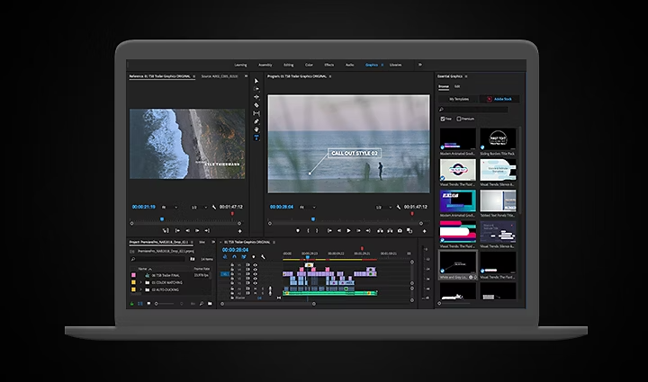การเพิ่มเทมเพลตกราฟิกเคลื่อนไหวไปยังวิดีโอใน Adobe {{premiere}}