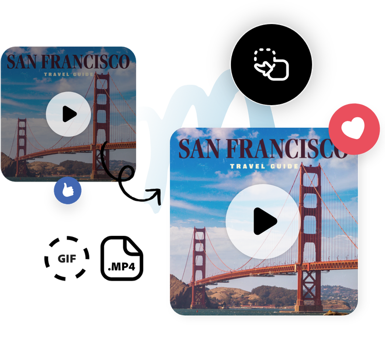 Duplicate still frame of a video with the San Francisco bridge, 'San Francisco' text, an arrow showing format conversion, and icons for .gif and .mp4.