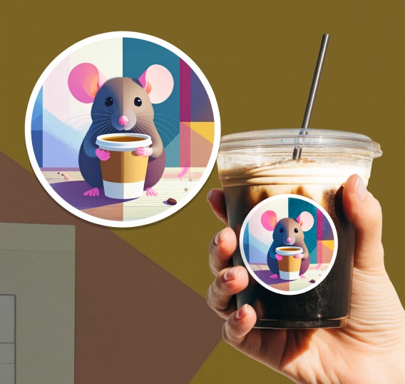 ภาพประกอบแสดงหนูตัวน้อยกำลังจิบกาแฟถูกนำมาใช้ในการออกแบบสติกเกอร์และติดบนแก้วกาแฟใช้แล้วทิ้ง