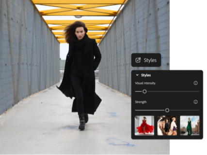 AI generated photorealistic image of woman walking through breezeway and image style panel in AI image generator