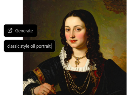 AI generated picture of classic style oil portrait of woman with text prompt overlay in AI image generator