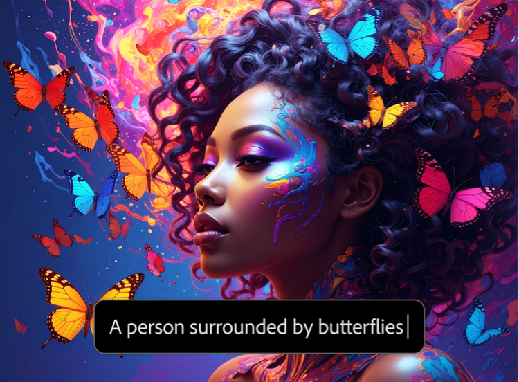 https://firefly.adobe.com/community | AI generated picture of person surrounded by colorful butterflies with text prompt overlay in AI image generator