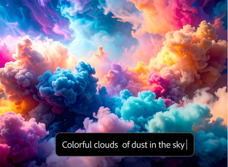 https://firefly.adobe.com/community | AI generated picture showing colorful clouds of dust in vibrant sky with text prompt in AI image generator