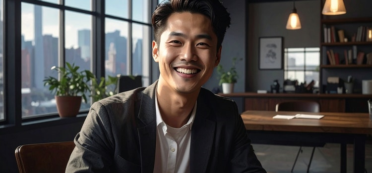 ภาพที่สร้างด้วย AI แสดงชายยิ้มแย้มในออฟฟิศ โดยมีวิวตึกระฟ้าเป็นฉากหลังซึ่งสร้างด้วยเครื่องมือสร้างใบหน้าด้วย AI ของ Firefly