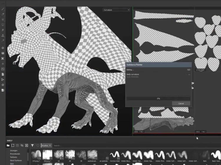 applying UV map textures to a 3D model of a dragon using Adobe Substance 3D Painter