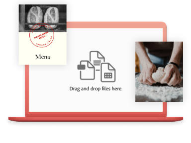 Birden çok dosya simgesi ve "Dosyaları buraya sürükleyip bırakın" metninin bulunduğu ve PDF oluşturmak için dosyaları birleştirebileceğinizi gösteren iki belgenin seçildiği bir masaüstü