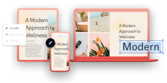 Tablet, mobil ve masaüstü aygıtlardaki bir PDF belgesi ile PDF düzenleme seçeneğini gösteren açılır pencereler, Resim