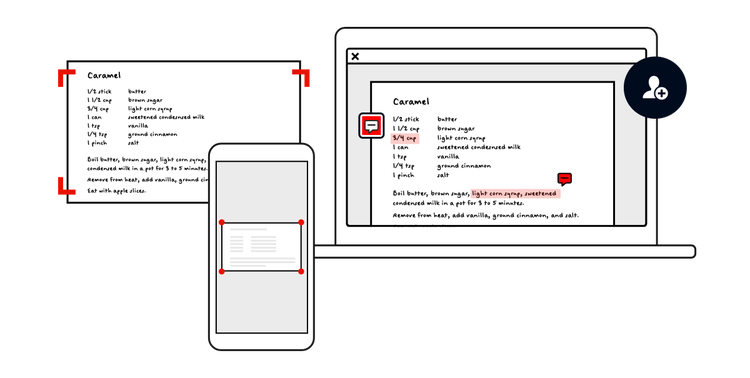 Bir telefon, OCR yazılımı aracılığıyla basılı fişi tarıyor ve dizüstü bilgisayarda açılıp düzenlenebilecek bir PDF’ye dönüştürüyor.