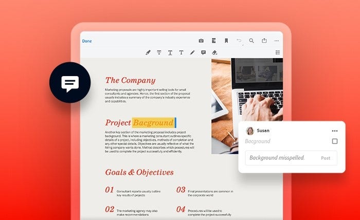 Yorum simgesi kaplamasıyla birlikte Acrobat çevrimiçi ile PDF düzenlemek için kullanılan bir tabletin taslağı