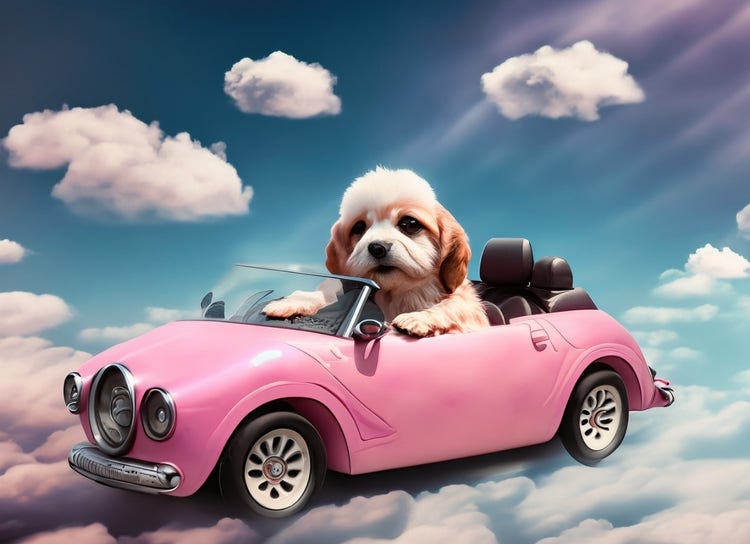 Bulutların arasında üstü açık pembe araba süren köpek