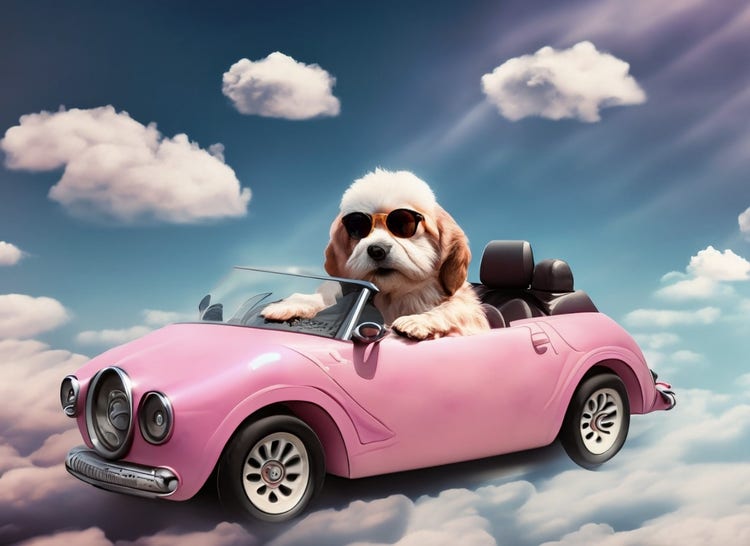Bulutların arasında üstü açık pembe araba süren güneş gözlüklü köpek