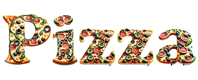 Cooper font ile "pizza" sözcüğü metin efekti istemi: Peynirli, sucuklu, zeytinli ve ıspanaklı pizza.