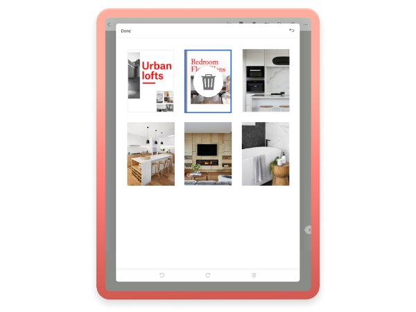 Bir tabletteki PDF belgesi ile PDF sayfalarını nasıl silebileceğinizi gösteren bir çöp kutusu simgesi