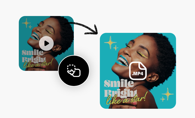 Duplicated still frame of a video with a smiling black woman, 'Smile bright' text, blue background, play button, and icons for .mp4 and format conversion.
