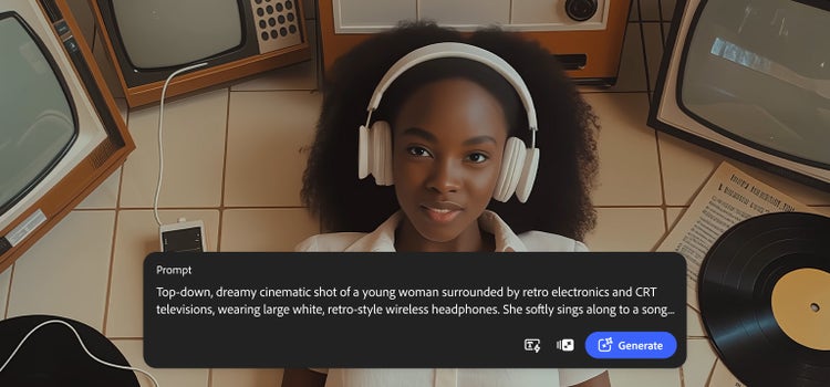 https://main--cc--adobecom.aem.live/cc-shared/assets/firefly/video/music-video/media_1e0d55486c5d2456e6bc72112b2619d1b2cb6fb29.mp4#_autoplay&mute=true | Nostaljik elektronik cihazlar, vinil plaklar ve CRT televizyonlarla çevrili, karo zeminde uzanan genç bir kadının yapay zeka görüntüsü. Büyük, beyaz, nostalji tarzı kablosuz kulaklık takıyor.