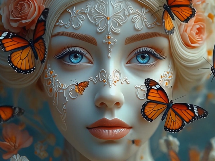 https://main--cc--adobecom.aem.page/cc-shared/assets/firefly/video/ai-video-generator/media_12732b57213f32ff16905c371da941c2824189301.mp4#_autoplay&mute=true | Mavi gözlü, porselen tenli ve yüzünde karmaşık beyaz dantel desenleri bulunan kadının yakın çekim portresi; etrafı kral kelebekleri ve şeftali renginde güllerle çevrili.