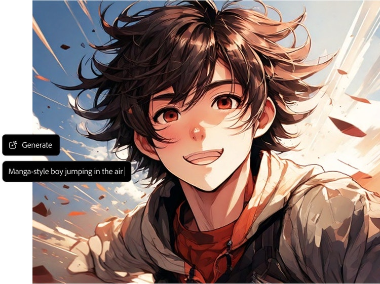 Yapay zeka tarafından oluşturulan, havada zıplayan manga tarzı bir çocuğun anime görüntüsü ve yapay zeka destekli anime oluşturucuda metin isteminin ekran görüntüsü