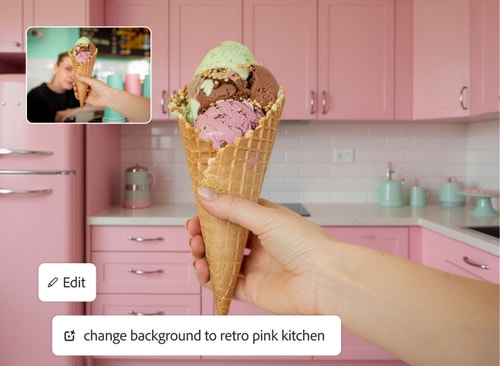 Bir kadına uzatılan dondurma külahı görüntüsü Firefly'da pembe, retro mutfak arka planı eklenerek düzenleniyor.