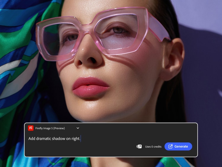 Cesur pembe güneş gözlükleri takmış ve kırmızı ruj sürmüş bir kişinin yakın plan görüntüsü ve dramatik bir gölge eklemek için kullanılan yapay zeka destekli fotoğraf düzenleyici metin istemi.